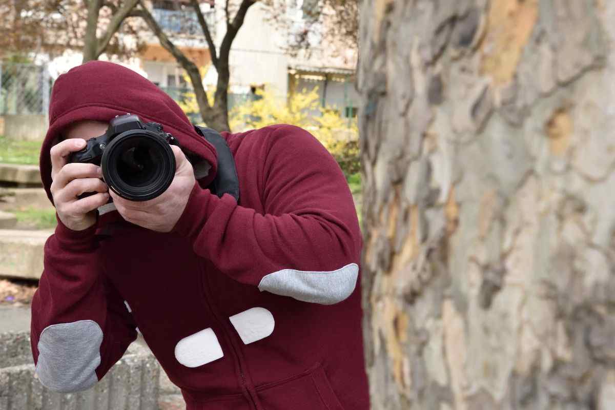 paparazzo dietro un albero che scatta una foto